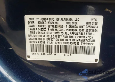 2006 Honda Odyssey Touring z USA, uszkodzony, nr VIN 5FNRL38816B067243